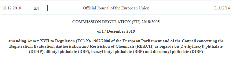 Eu Amend The Annex Xvii Of Reach Regulation For The Entry Of Four Phthalates Reach Industry News News Hangzhou C K Testing Technic Co Ltd